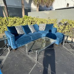 Beautiful Blue Green Turquoise Living Room Set Middle Coffee Table Side End Tables Fabric Modern Contemporary L Shape Sectional 