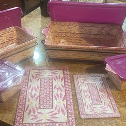 Temp-tations 6-Piece Essential Bakeware Set with storage lids in a pink pattern. 
