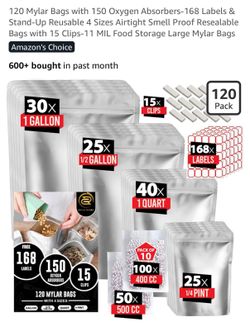 120 Mylar Bags with 150 Oxygen Absorbers-168 Labels
