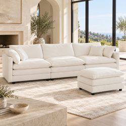 White Cloud Modular Sofa + Ottoman – 3-Seater Chenille Couch