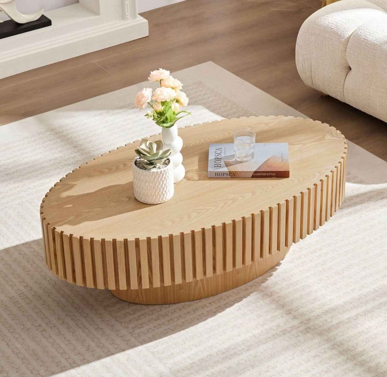 New Oval Coffee Table Minimalist Fluted Center Table Accent Table, Natural Ash-ModernLuxe