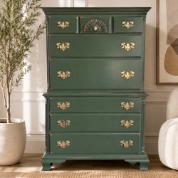 Magnificent large solid wood tallboy distressed dresser with dovetailed drawers