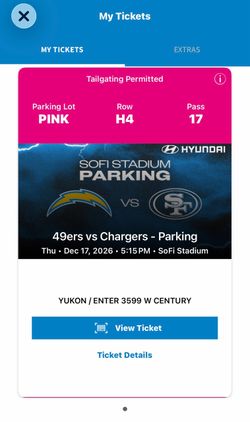 Pink Tailgate parking pass Chargers vs 49ers 12/17/2026