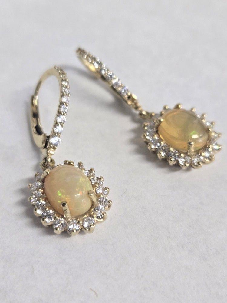 14kt Gold CZ Stone Lab Created Opal Earrings