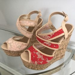 Brand New Red or Pink Lace Wedges, New In Box . Size 7 or  8