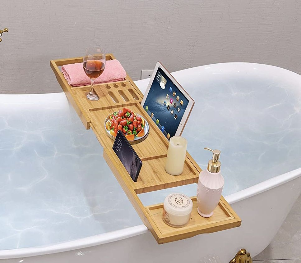 Bathtub Expandable Bamboo Tray, with Book Holder,Soap Dish, Wine Glass Slot