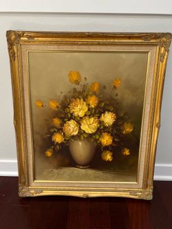 Vintage Original Oil Painting Yellow Roses in Ornate Gold Frame 29x25