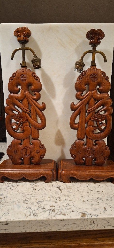 Mid Century Carved Solid Teak Lamps