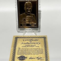 1993 Nolan Ryan 22k Gold ProMint Baseball Card. COA