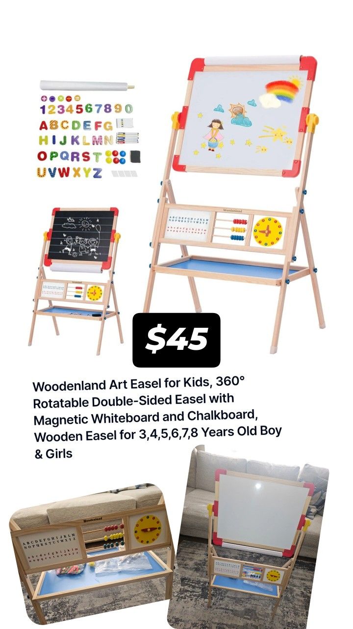 Art Easel for Kids, 360° Rotatable Double-Sided Easel with Magnetic Whiteboard and Chalkboard, Wooden Easel for 3,4,5,6,7,8 Years Old Boy & Girls