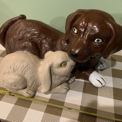 New Large Dog & Rabbit Garden Statue, Weather Resident Finish, Heavyweight, 16 Inches Long, 8 Inches Tall