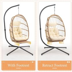 Hanging Egg Chair with Stand and Footrest for Indoor Outdoor, Foldable Wicker Rattan Patio Egg Swing Chairs Hammock Egg Chair with UV Resistant Cushio