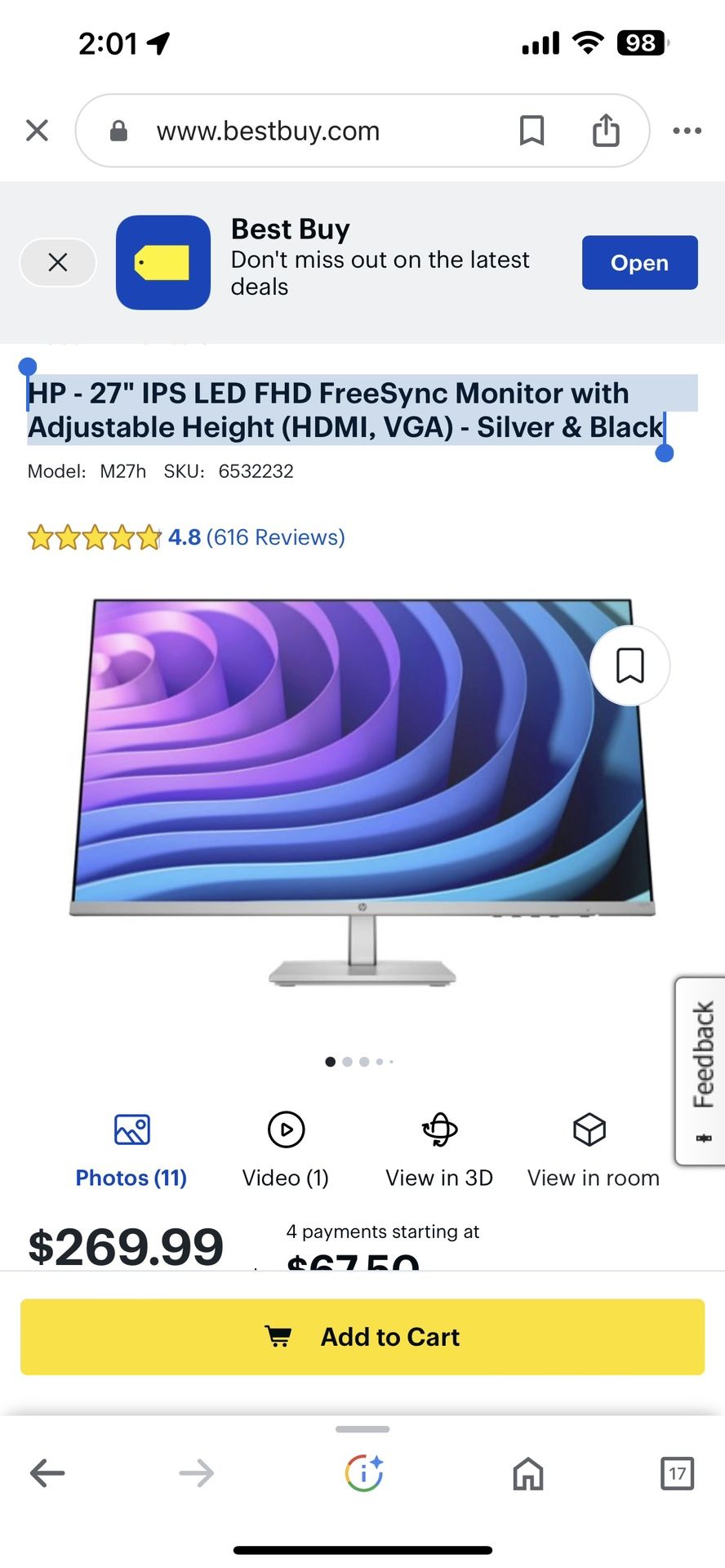 HP - 27" IPS LED FHD FreeSync Monitor with Adjustable Height (HDMI, VGA) - Silver & Black