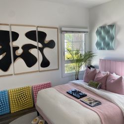 bed frame upholstered pink with matching bedding