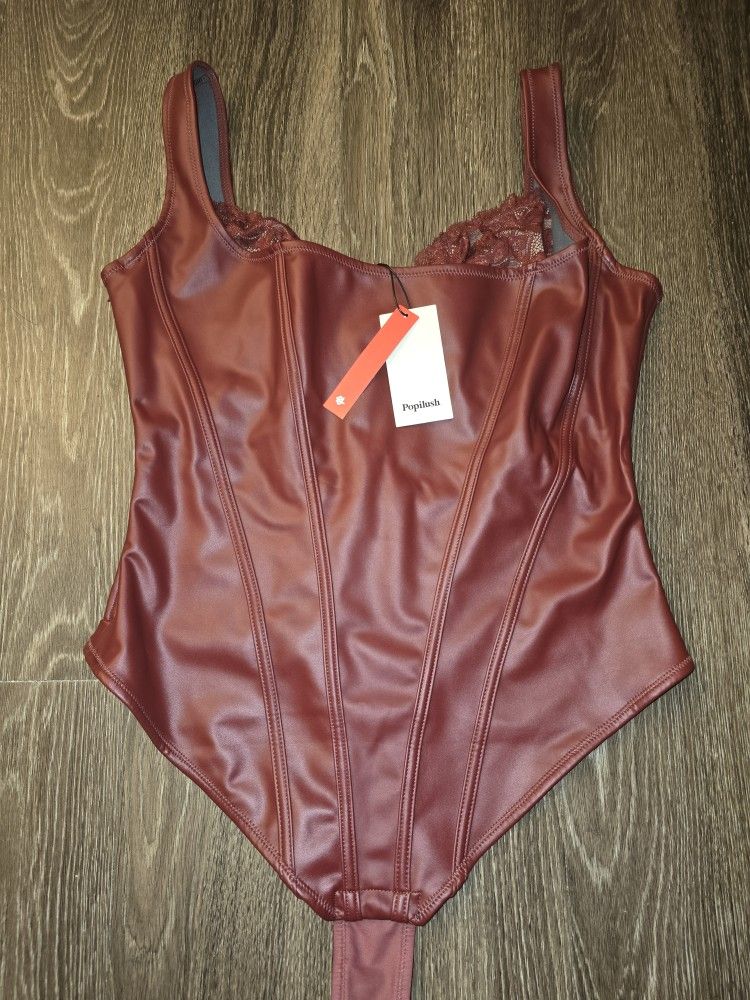 Popilush Leather Body Suits for Womens - Tummy Control Shapewear Bodysuits Lace Faux Leather Thong Corset Tops