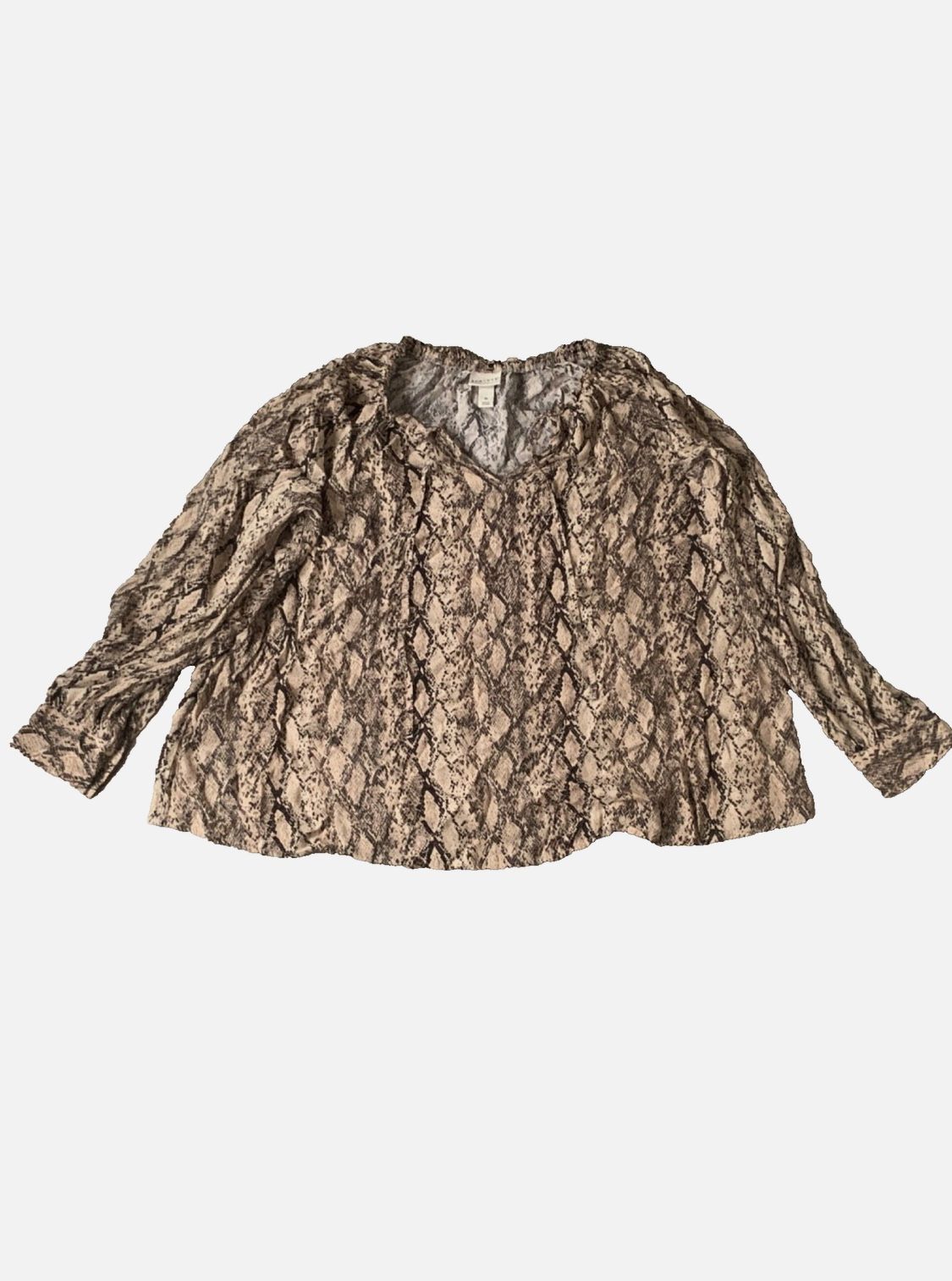 Ava Viv Womens Plus Beige Snake Print Long Sleeve V-Neck Blouse Tunic Rayon 1X