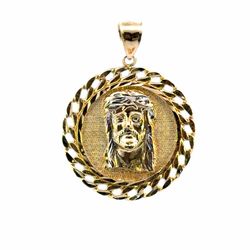 Men’s 10k Two Toned White Yellow Gold 1.5” Inch Round Jesus with Curb Link Border Pendant for Necklace GP3128196