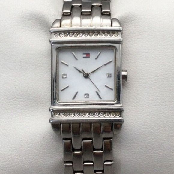 Tommy Hilfiger Watch Women 22mm Silver Tone White Bling Square