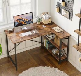 47 Inch Small L-Shaped Computer Desk with Storage Shelves Rustic Brown