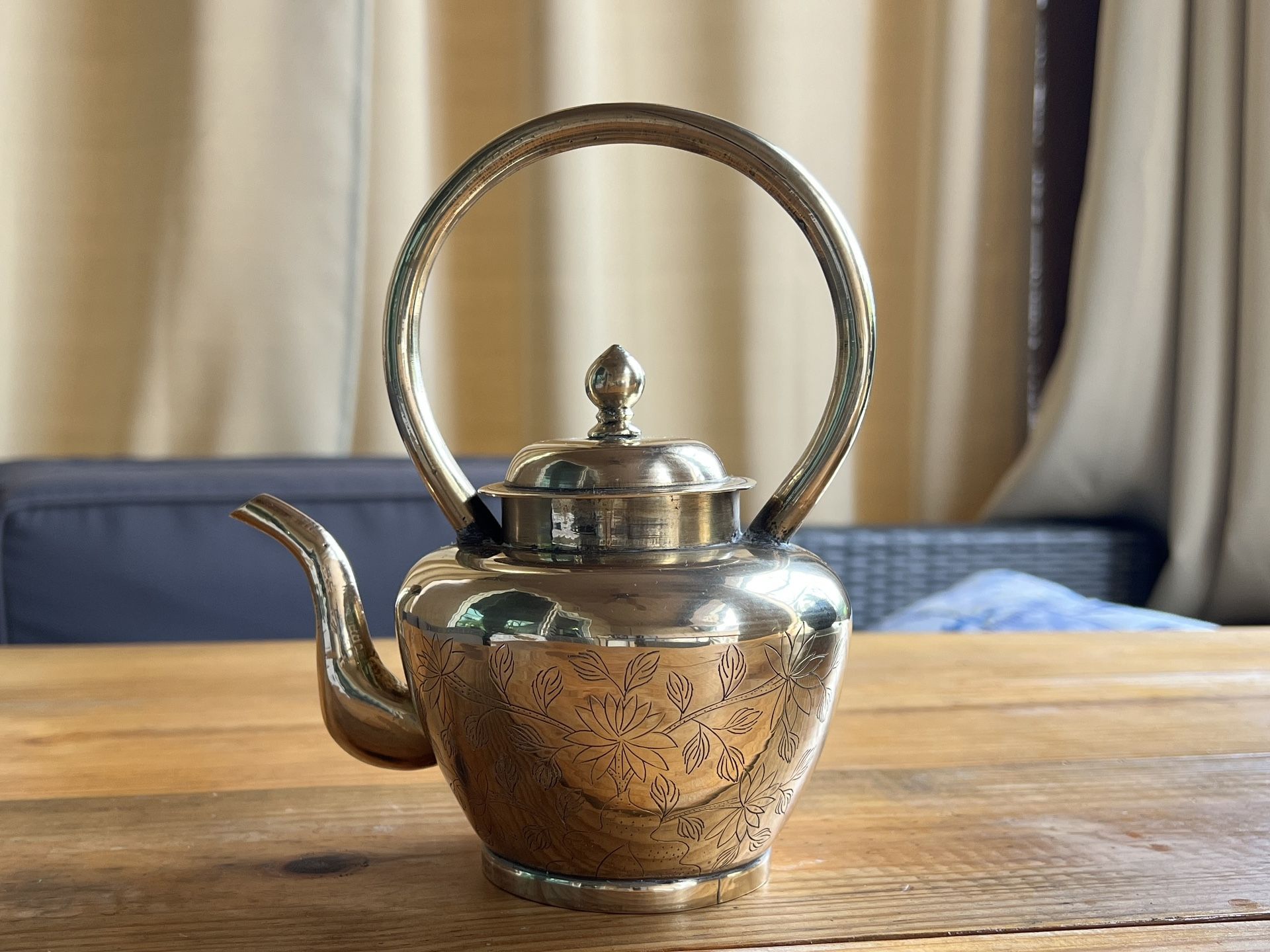 Vtg Brass Tea Kettle Flower Design China Written On Bottom