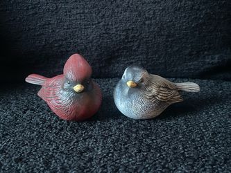 Vintage 1991 Signed Lemmon Folk Art Pottery Bird Figurines - Set of 2 (Cardinal & Songbird)