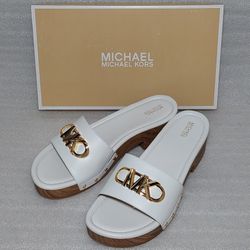 Michael Kors Designer Sandals Slides Low Heels. White Gold. Brand New In Box. Size 10 Women's Shoes. Authentic 