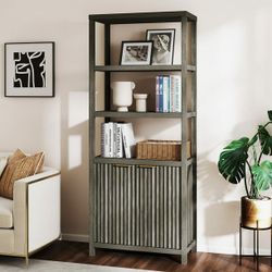 ARKANTOS Fluted Bookshelf with Doors Adjustable Shelf and Storage Cabinet Charcoal Oak