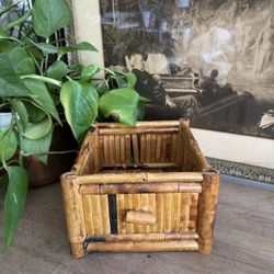 Vintage Bamboo Box Plant Holder Storage Organizer Decor Trinket Catchall Holder Accent Tortoise 