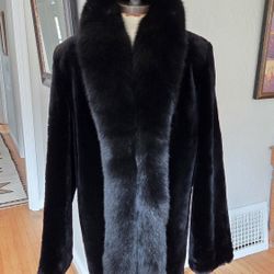 Black Sheared Mink Fur Coat With fox Fur Collar Size XL NO OFFERS 