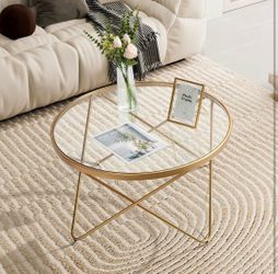 Round Clear Glass and Gold Coffee Table