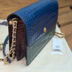 Authentic Tory Burch Multicolor Croc Embossed Leather Parker Shoulder Bag