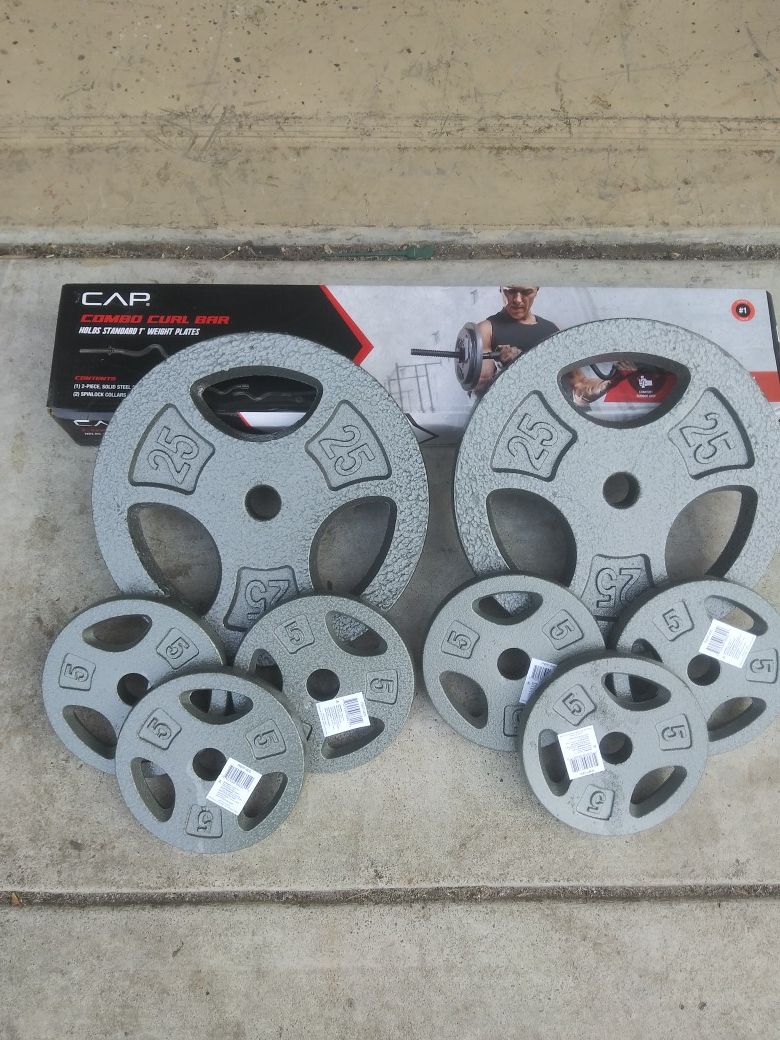 Brand new cap curl bar and 80lbs plates