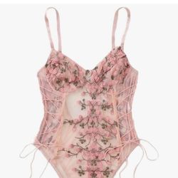 Lilosy Women Sexy Lace Up Floral Embroidered Teddy Lingerie Bodysuit Top Mesh Sheer One Piece