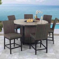 Agio 7 Piece Woven  High Dining Fire Table Set