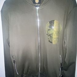 Platini Rhinestone Skull Bomber Jacket - Olive Green (NWT) - Size M