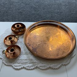 Vintage Coppercraft Guild Taunton Mass Copper Serving Tray & Candlestick Holders Set 1028