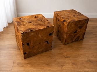 Solid Burl Wood Live Edge Block Tables – Sculptural Coffee Table (Set)