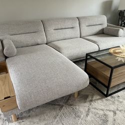 Sofa w chaise, light gray. Like New Condition