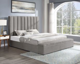 Queen velvet platform bed with storage footboard 