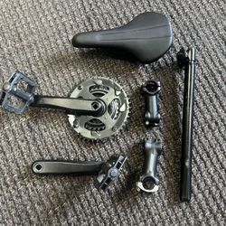 Crankset, Pedals, 2 Stems, Saddle, Seat Post, Bottom Bracket