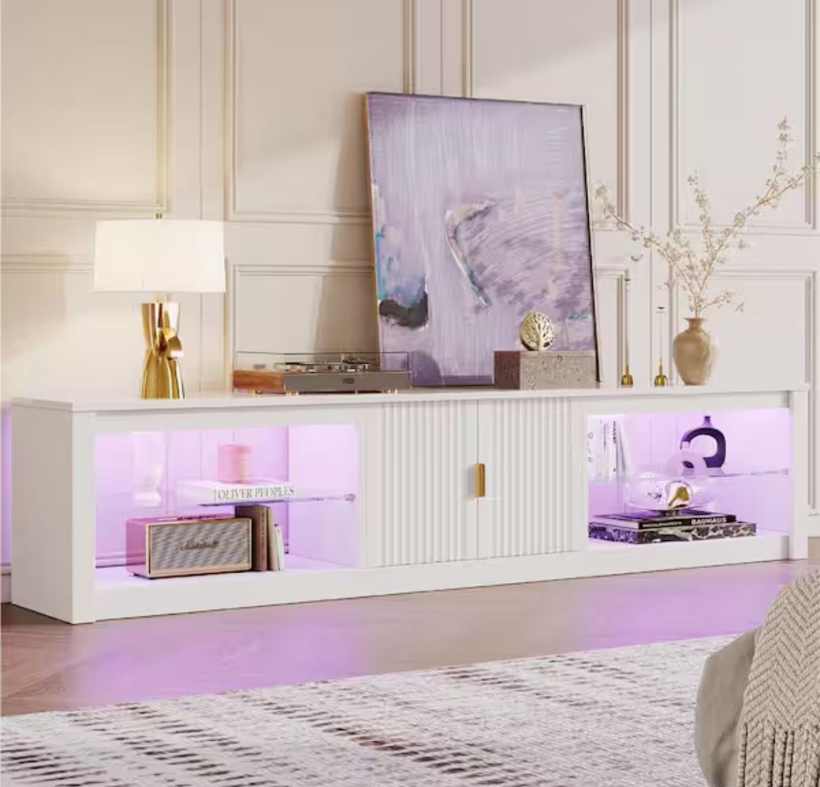 80 in. Fluted Glossy White TV Stand Fits TV Up to 85 in. LED Entertainment Center with Cabinet & Adjustable Shelf