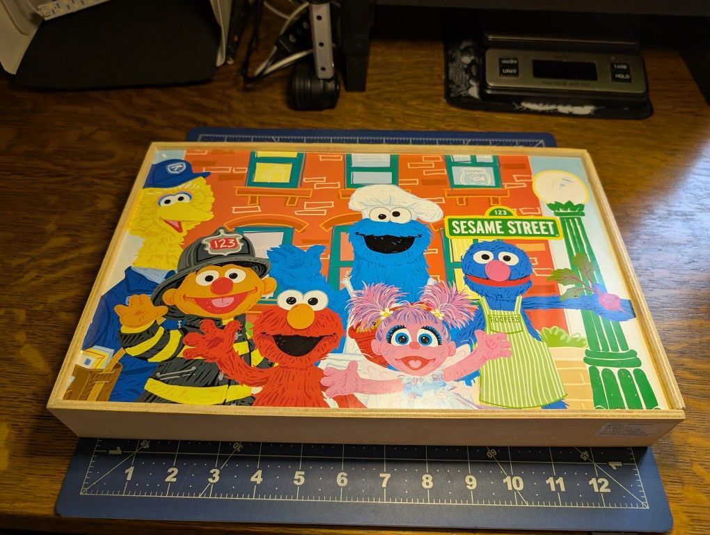 Sesame Street Wooden Puzzle Box w/ 4 Unique Puzzles ALL COMPLETE