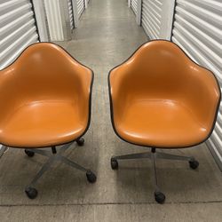 Vintage Pair Herman Miller Mid Century Orange Arm Chairs Fiberglass Shell 1950s.