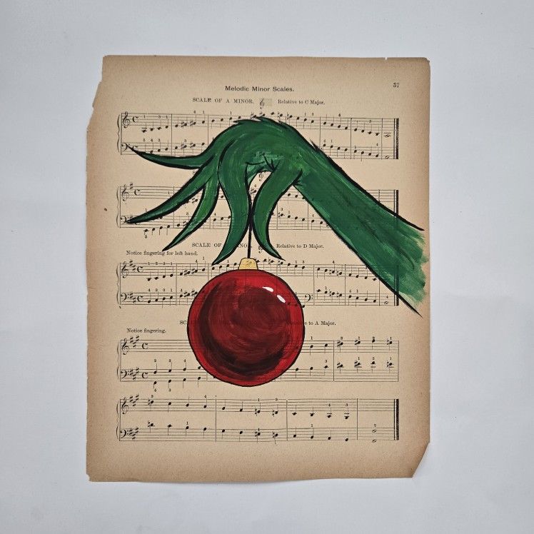 Grinch Painting On Old Music Sheet Paper