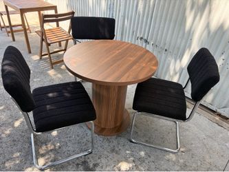 31.5 inch Round Dining Table Set with 3 chairs,Modern Farmhouse Kitchen Table, Small Circle Dining Tables with Wood Strip Base for Kitchen Living Room