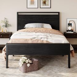 14 Inch Twin Size Metal Platform Bed Frame with Wooden Headboard and Footboard, Mattress Foundation, No Box Spring Needed, Large Under Bed Storage, He