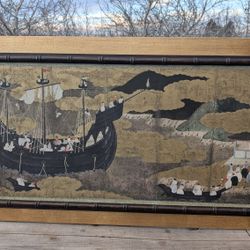 48x25" Portuguese Ship Entering a Japanese Harbor – Framed Namban-Style Artwork