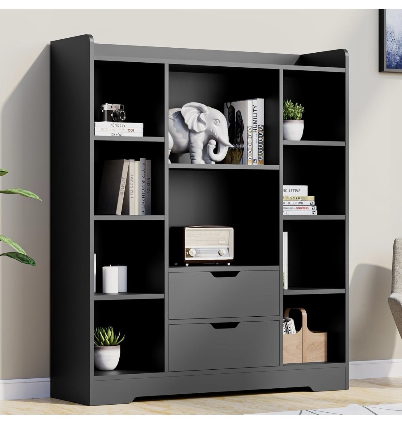 Kids Bookshelf with Storage, Toy Storage Organizer with 2 Drawers and 10 Cubes 4-Tier Bookcase for Bedroom, Playroom, Hallway, Living Room(B