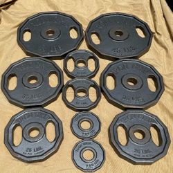 FULL  SET  OF  IRON  GRIP OLYMPIC  EASY  GRIP  PLATES   (PAIRS OF)  :  45s  35s  25s  10s  2.5s