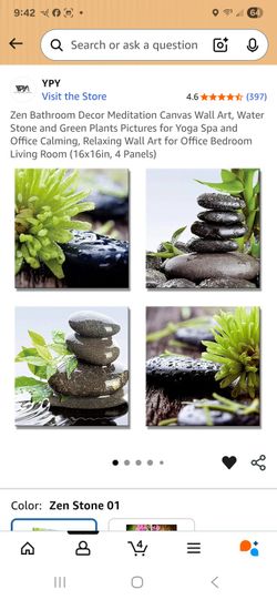 Zen Bathroom Decor Meditation Canvas Wall Art, Water Stone and Green Plants Pictures for Yoga Spa and Office Calming, Relaxing Wall Art for Office Bed